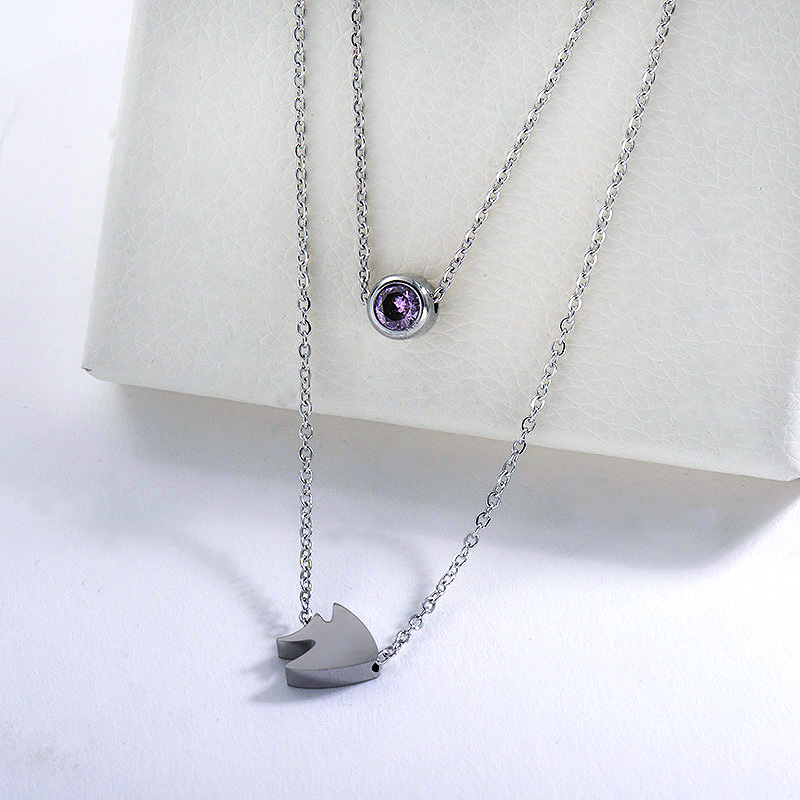 New Design Silver Fish Charm With Zircon Double Chains Necklace