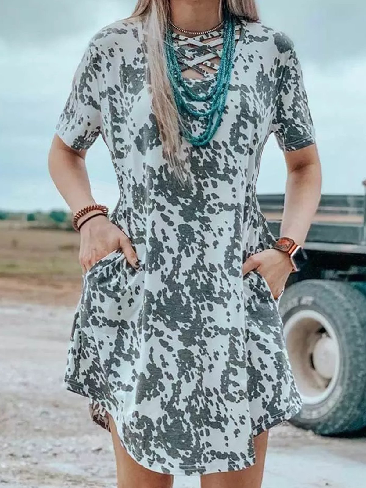 Casual Crew Neck Short Sleeve Animal Dresses