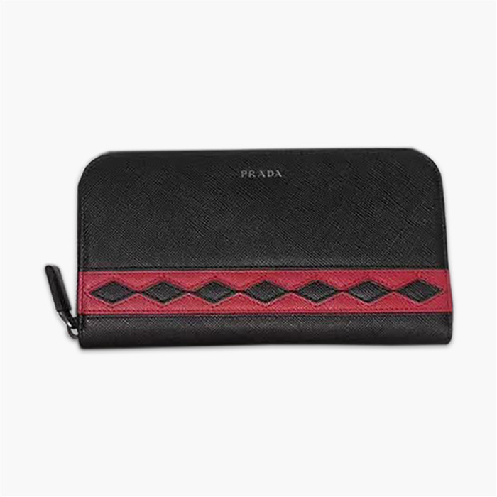 【原版皮】普拉达/Prada 拉链钱夹，选用十字纹牛皮裁制而成，饰以菱形拼色，精湛走线均匀整齐，油边顺滑，款号：2ML317