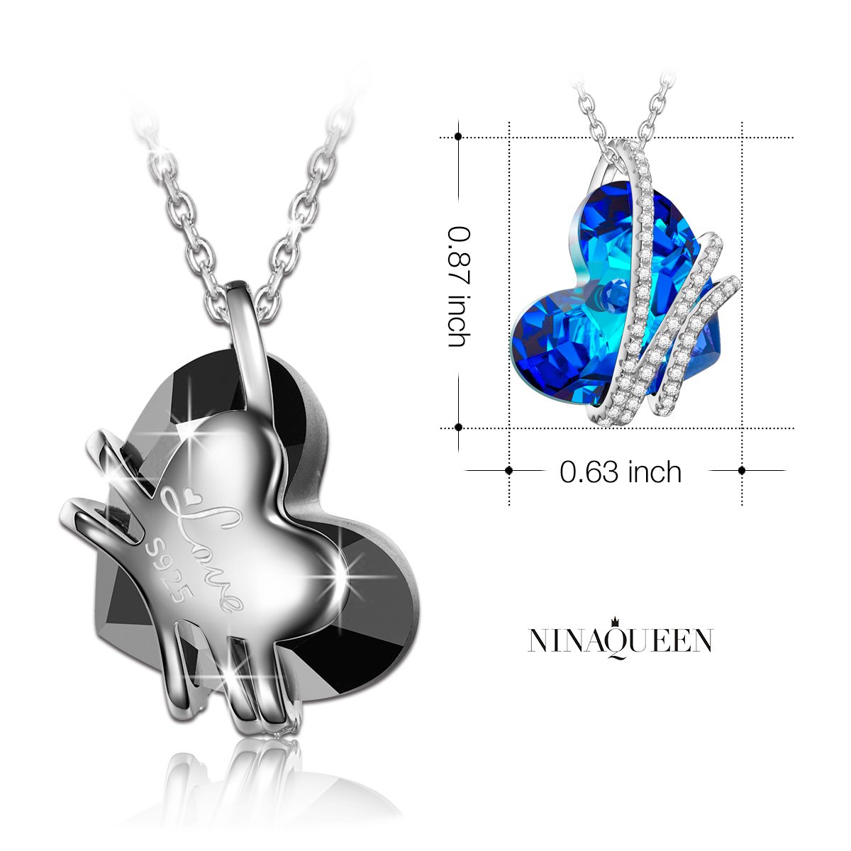 Sapphire Sterling Silver Diamond 3 Stone Heart Pendant Necklace