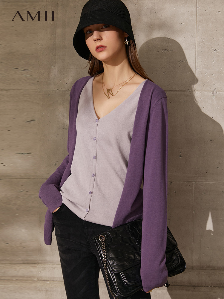 different price Amii Minimalism Spring New Cardigan For Women Fashion Vneck Patchwork Single Breasted Women's Sweaters Tops 12140131