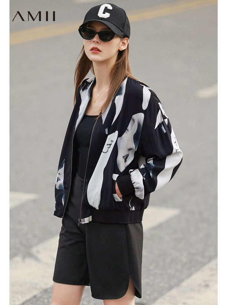 weight Amii Minimalism Spring Women Jacket Casual Printed Short Jackets Loose Zipper Streetwear Coats Ladies Female Outerwear 12240073