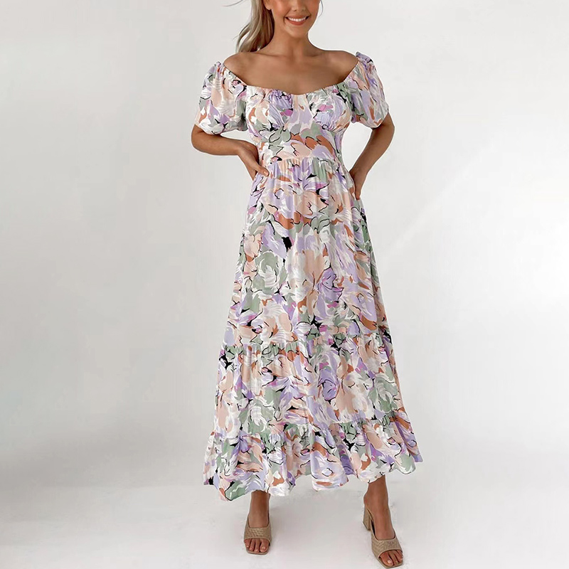 Women Fashion Floral Printed Midi Dresses Chic Slash Neck Short Sleeve A Line Dress Female Casual Party Dress Vestidos