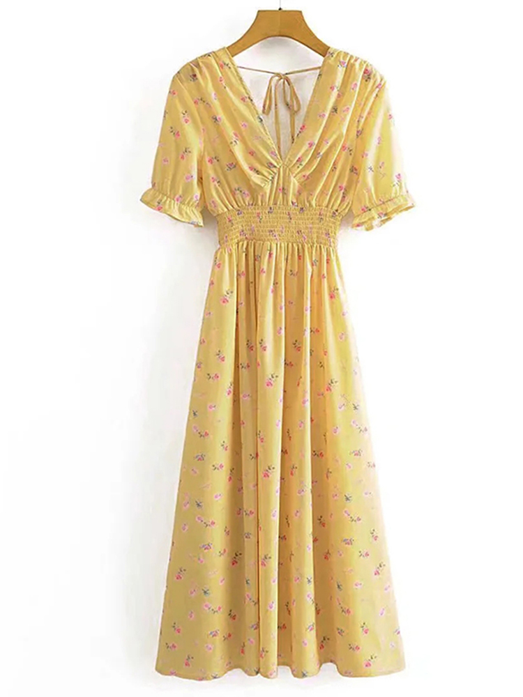 Women Elegant Floral Printed Midi Dress Chic V Neck Butterfly Short Sleeve Dress Ladies Fashion A Line Party Dress