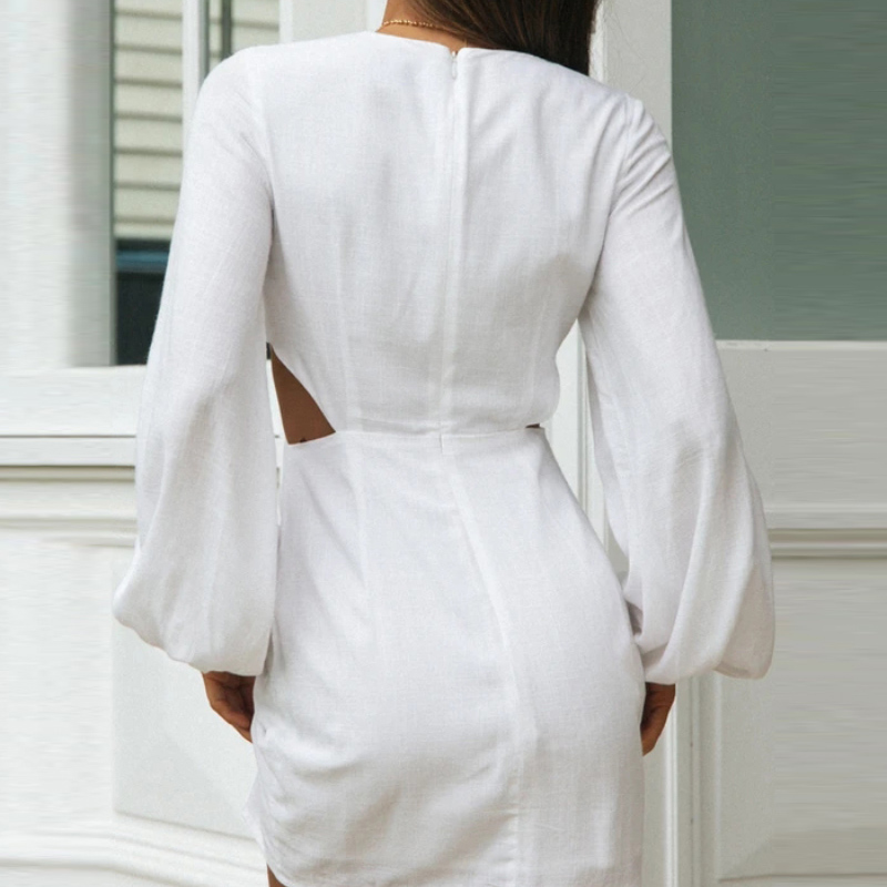 Women Elegant A Line Hollow Out Mini Dress Chic Puff Short Sleeve Sundress Female V Neck White Cotton Sweet Dresses