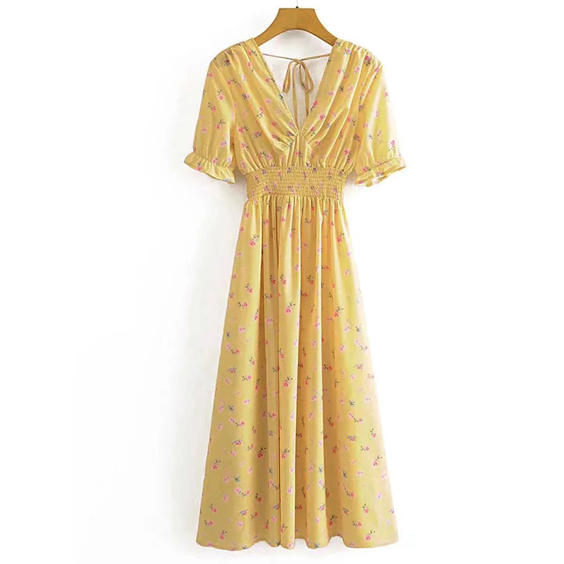 Women Elegant Floral Printed Midi Dress Chic V Neck Butterfly Short Sleeve Dress Ladies Fashion A Line Party Dress