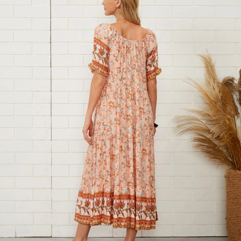 Summer Bohemian Floral Printed Midi Dress Women Butterfly Short Sleeve A Line Sundress Ladies Female Casual Loose Dress