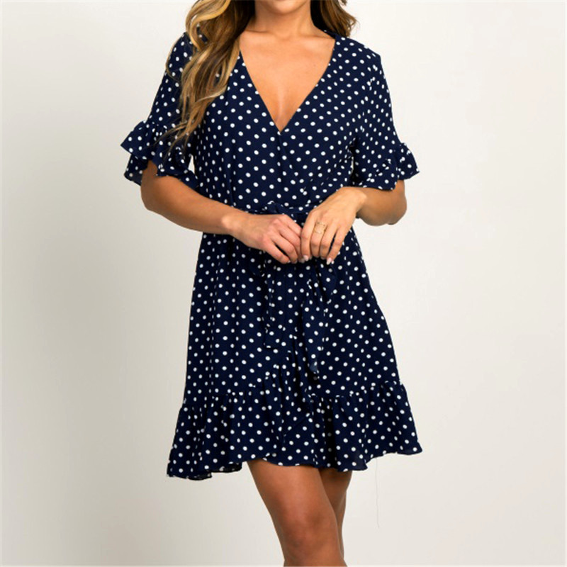Summer Chiffon Dress 2022 Boho Style Beach Dress Fashion Short Sleeve V-neck Polka Dot A-line Party Dress Sundress Vestidos