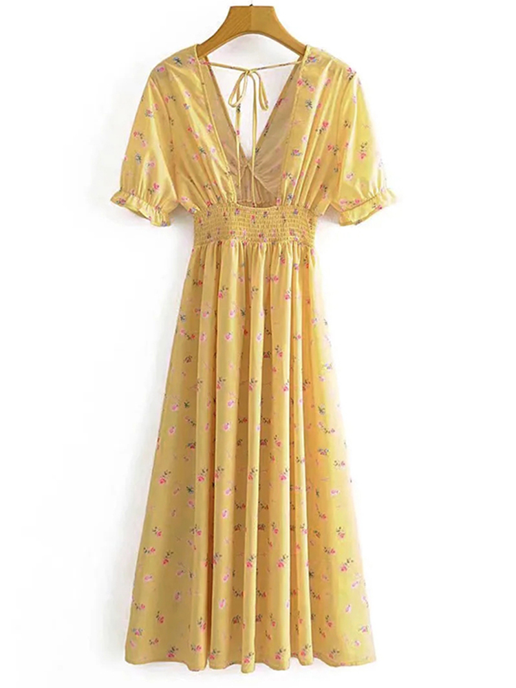 Women Elegant Floral Printed Midi Dress Chic V Neck Butterfly Short Sleeve Dress Ladies Fashion A Line Party Dress