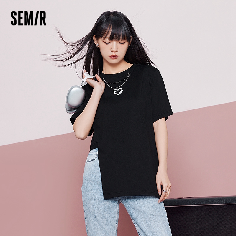 five SEMIR Short-Sleeved T-Shirt Women Love Irregular Show Legs Long Sweet And Cool 2022 Summer New Loose Embroidery Top Niche