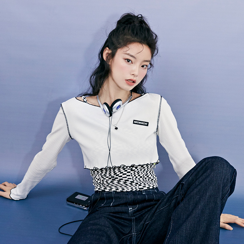 three Semir T-Shirt Women Short Long-Sleeved Pullover Checkerboard Sweet And Cool 2022 Spring New Slim Two-Piece Design Sense