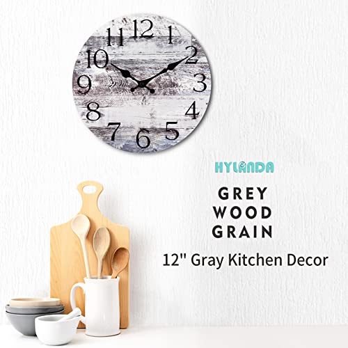 HYLANDA 12 Inch Wall Clock - Kitchen Silent Non-Ticking Wall Clocks Battery Operated - Rustic Clock for Living Room Decor,Farmhouse,Bathroom,Bedroom (Gray)