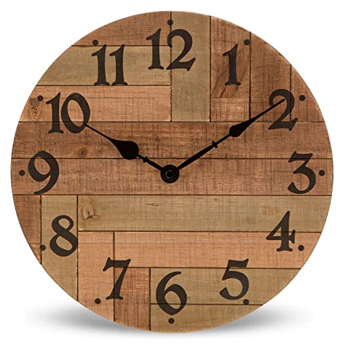 NIKKY HOME Rustic Farmhouse Solid Wood Wall Clock - 12 Inch Battery Operated Silent Non Ticking Distressed Wooden Shiplap Clock for Kitchen, Living Room, Bedroom, Office