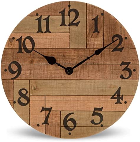 NIKKY HOME Rustic Farmhouse Solid Wood Wall Clock - 12 Inch Battery Operated Silent Non Ticking Distressed Wooden Shiplap Clock for Kitchen, Living Room, Bedroom, Office