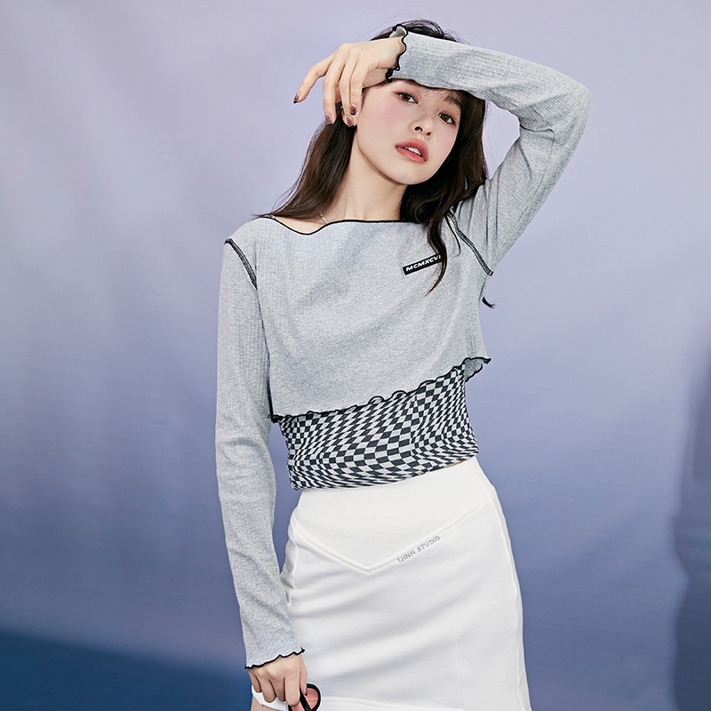 目目 three Semir T-Shirt Women Short Long-Sleeved Pullover Checkerboard Sweet And Cool 2022 Spring New Slim Two-Piece Design Sense