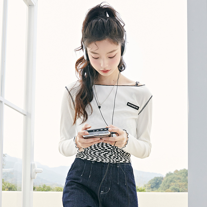 目目 three Semir T-Shirt Women Short Long-Sleeved Pullover Checkerboard Sweet And Cool 2022 Spring New Slim Two-Piece Design Sense