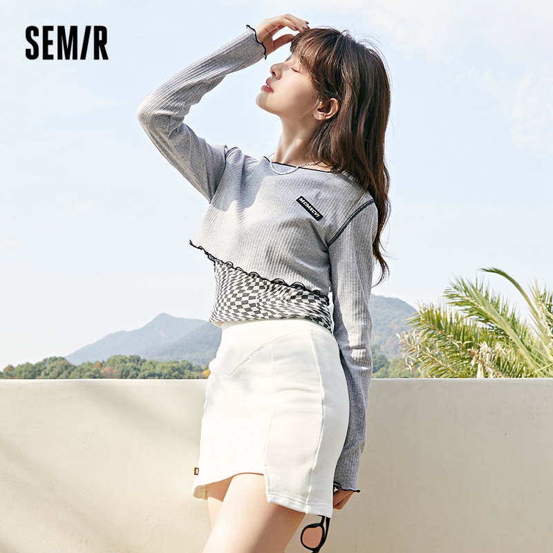 目目 three Semir T-Shirt Women Short Long-Sleeved Pullover Checkerboard Sweet And Cool 2022 Spring New Slim Two-Piece Design Sense