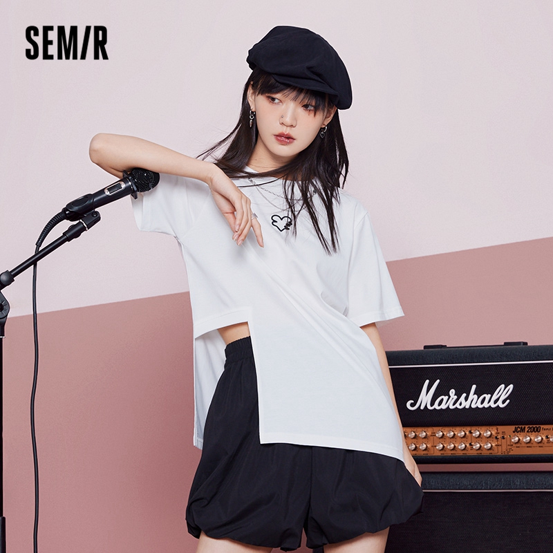 目目 five SEMIR Short-Sleeved T-Shirt Women Love Irregular Show Legs Long Sweet And Cool 2022 Summer New Loose Embroidery Top Niche
