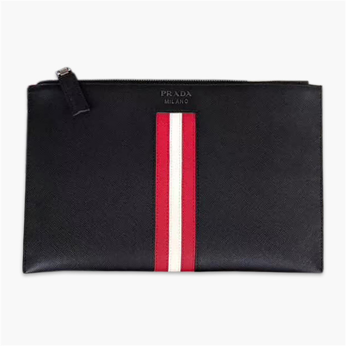 【原版皮】普拉达/Prada 男士手包，选用十字纹小牛皮镶嵌彩带皮革裁制而成，经典之作，简单时尚，款号：2NG005