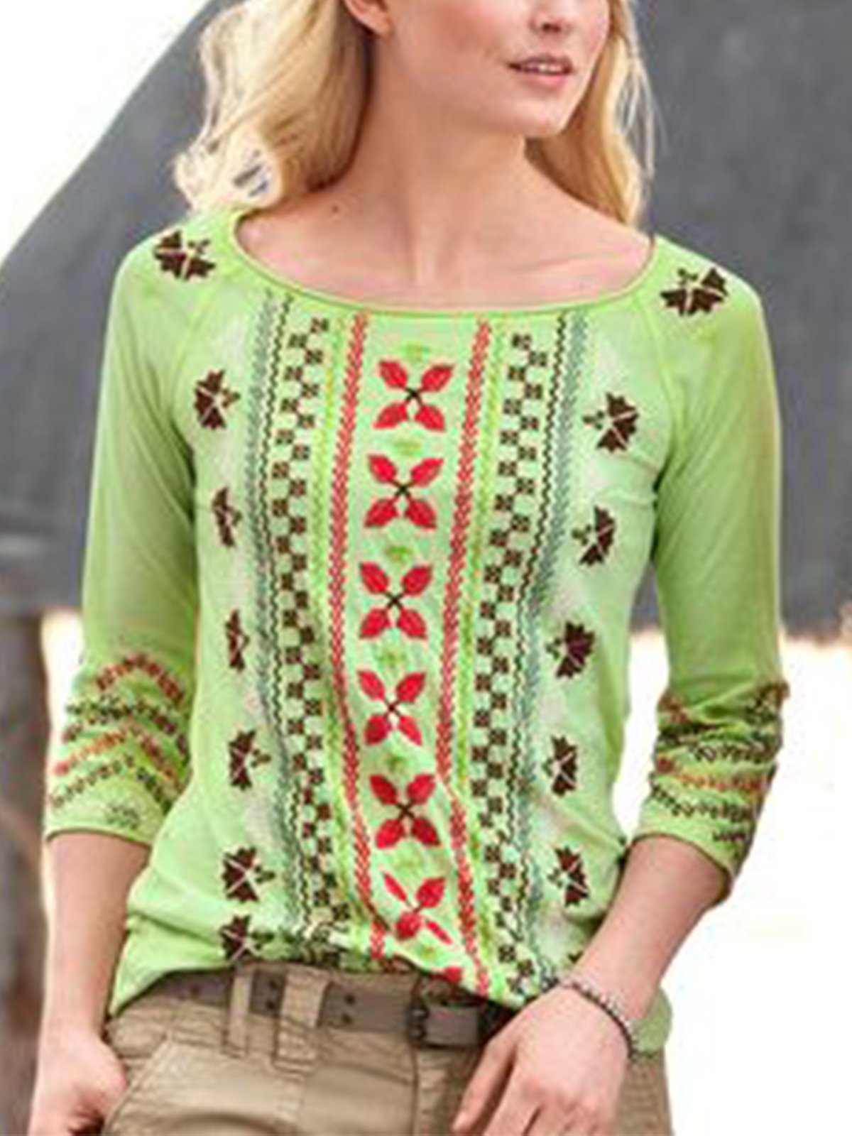 3/4 Sleeve Vintage Geometric Printed Shirts & Tops