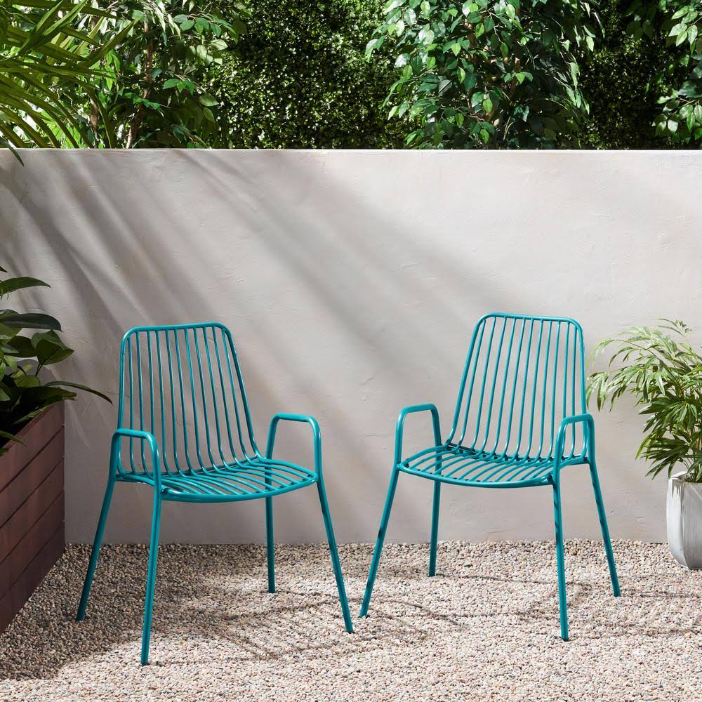 Noble House Omaha Outdoor Iron Club Chair in Matte Teal (Set of 2)