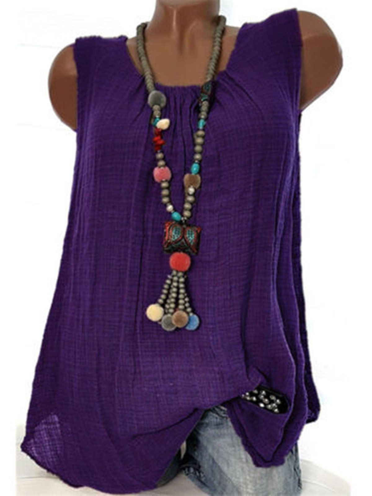 Women  Linen Causal Tops Round Neck Solid  Sleeveless Tanks