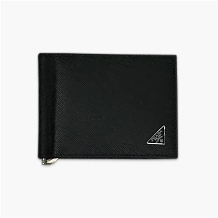 【原版皮】普拉达/Prada 金属钱夹，选用十字纹小牛皮裁制而成，边角饰三角珐琅涂层徽标，款号：2MN077