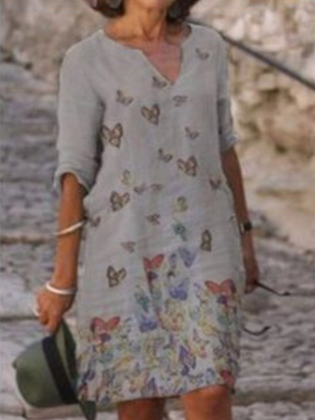 Vintage Butterflies Printed Plus Size 3/4 Sleeve Casual Dresses