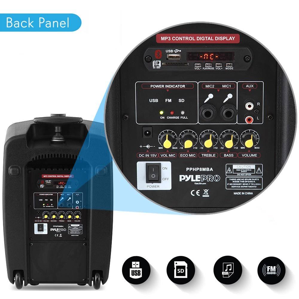 Pyle PPHP8MBA Bluetooth Portable PA Speaker System, MP3/USB/SD/FM Radio