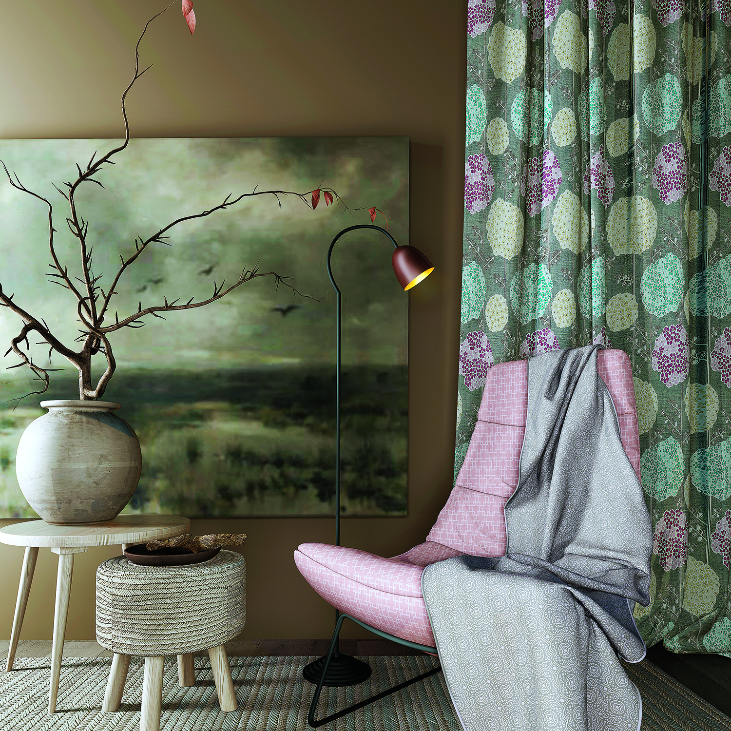Cartoon Flowers Printed Window Drape Flat Hook Thermal Insulated Blackout Lining Curtain BQ66255
