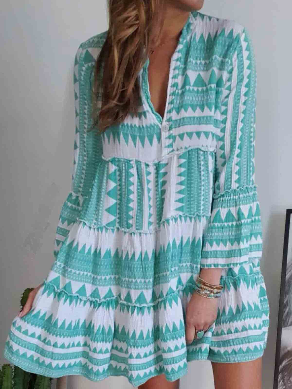 Green Cotton Long Sleeve Tribal Dresses