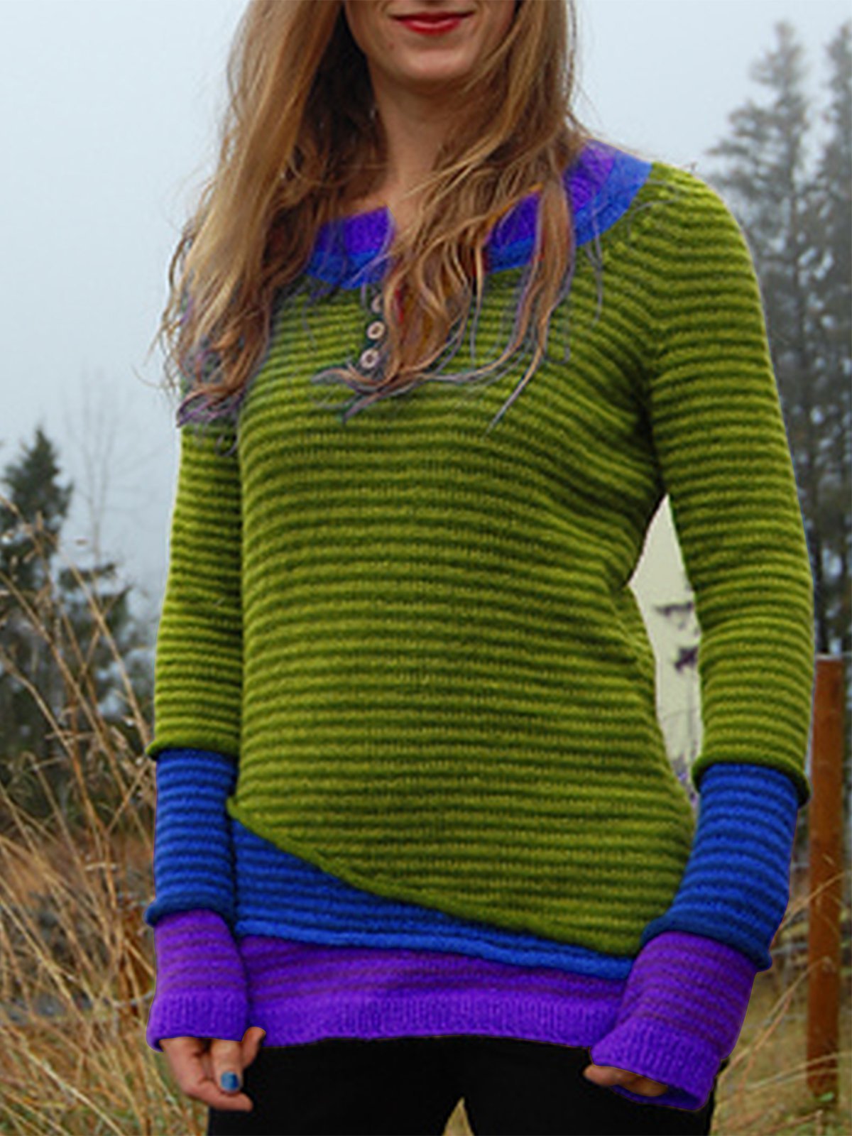 Striped Paneled Casual Crew Neck Women's Sweaters