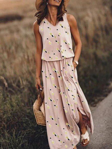 Pink Cotton-Blend V Neck Polka Dots Sleeveless Dresses