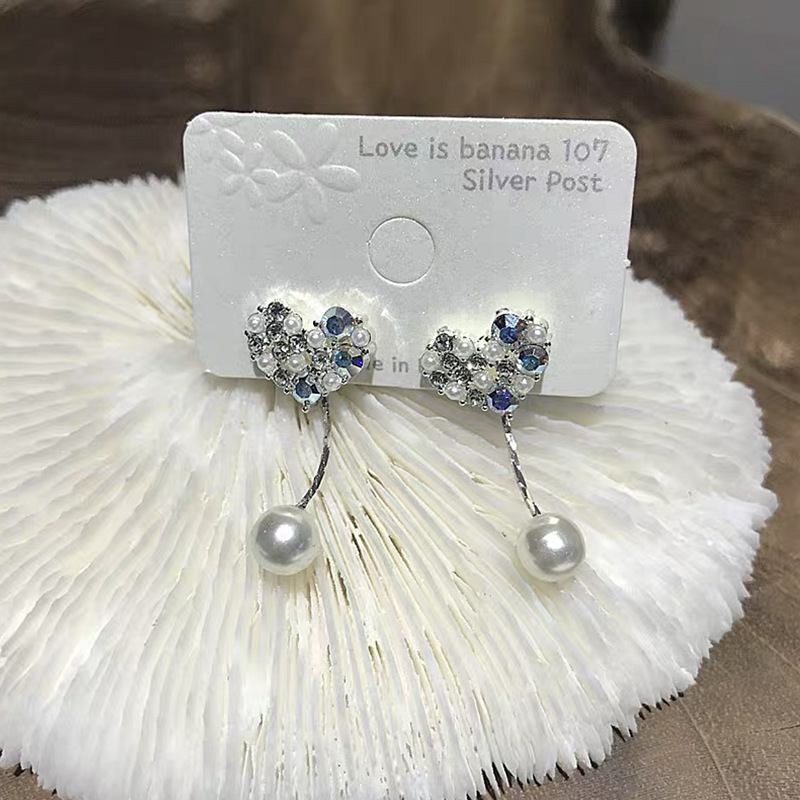 韩国S925银针小清新耳环百搭气质心形珍珠耳饰个性防过敏耳钉批发