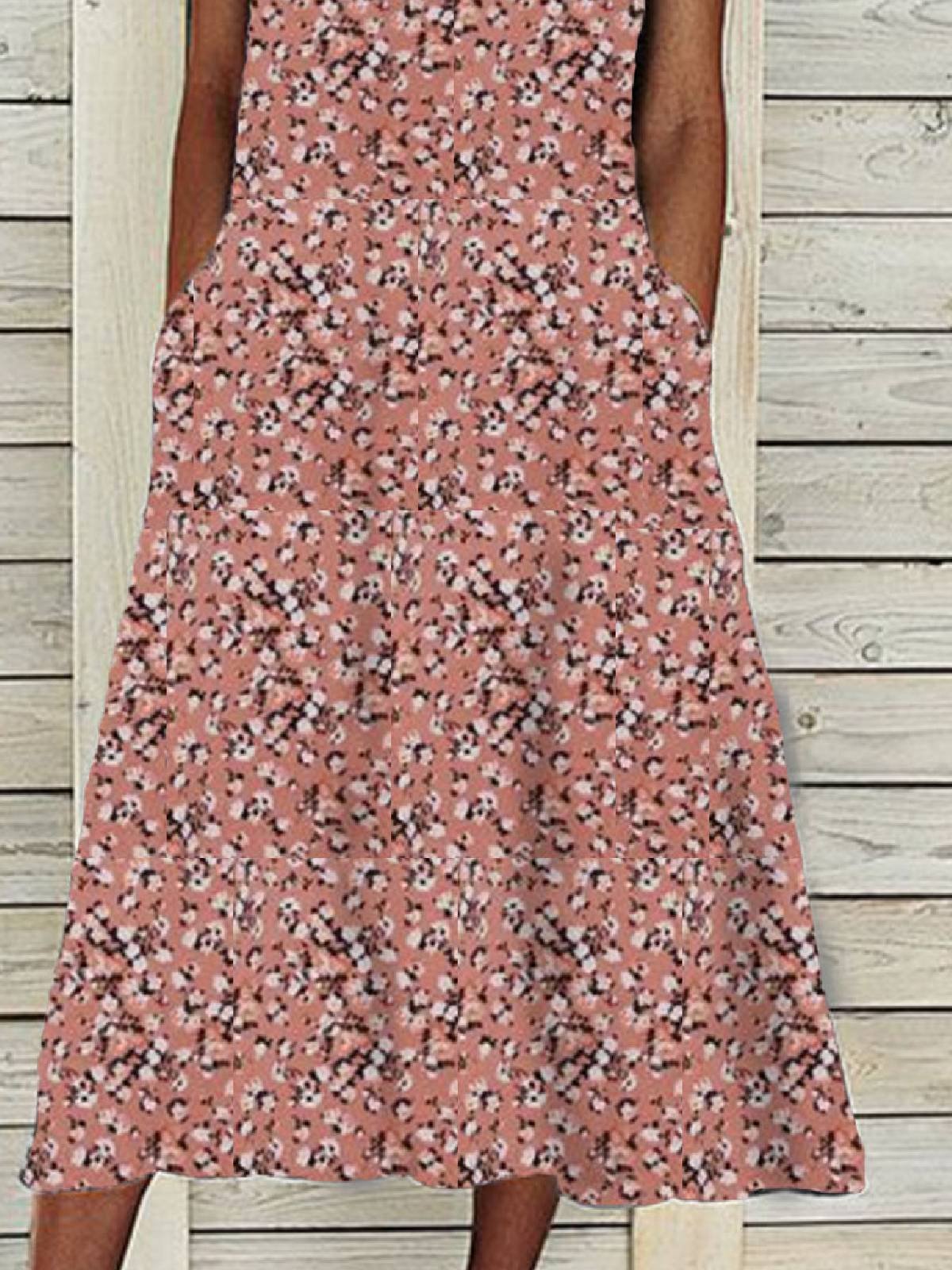 Pink Floral Crew Neck Casual Floral-Print Dresses