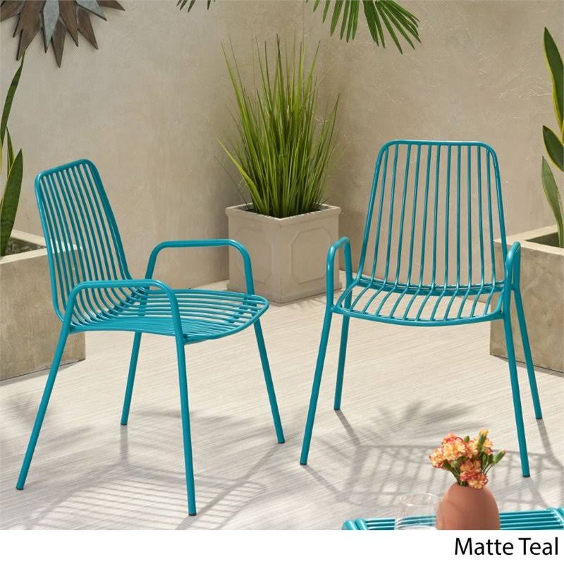 Noble House Omaha Outdoor Iron Club Chair in Matte Teal (Set of 2)