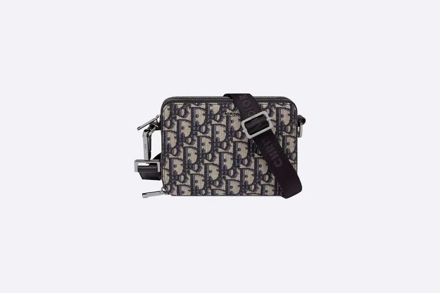 Pouch with Shoulder Strap Beige and Black Dior Oblique Jacquard