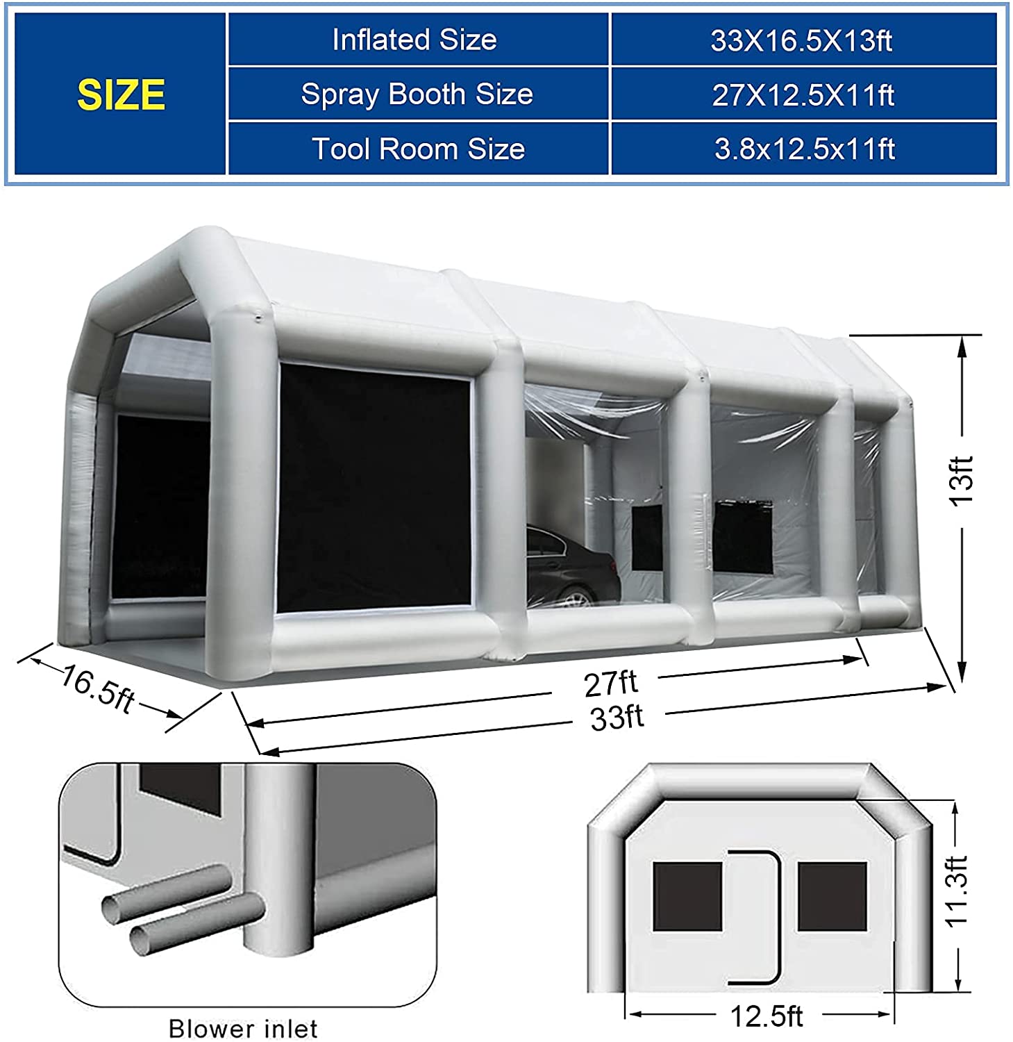 Inflatable Paint Booth 33x16.5x13FT with Two Blowers 1100W+1100W Portable Paint Booth for Car Painting Tent Workstation Inflatable Spray Booth