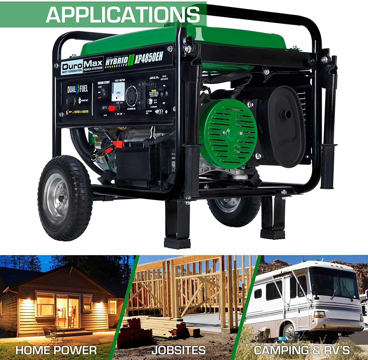 DuroMax XP4850EH Generator-4850 Watt Gas or Propane Powered-Electric Start-Camping & RV Ready, 50 State Approved Dual Fuel Portable Generator, Green