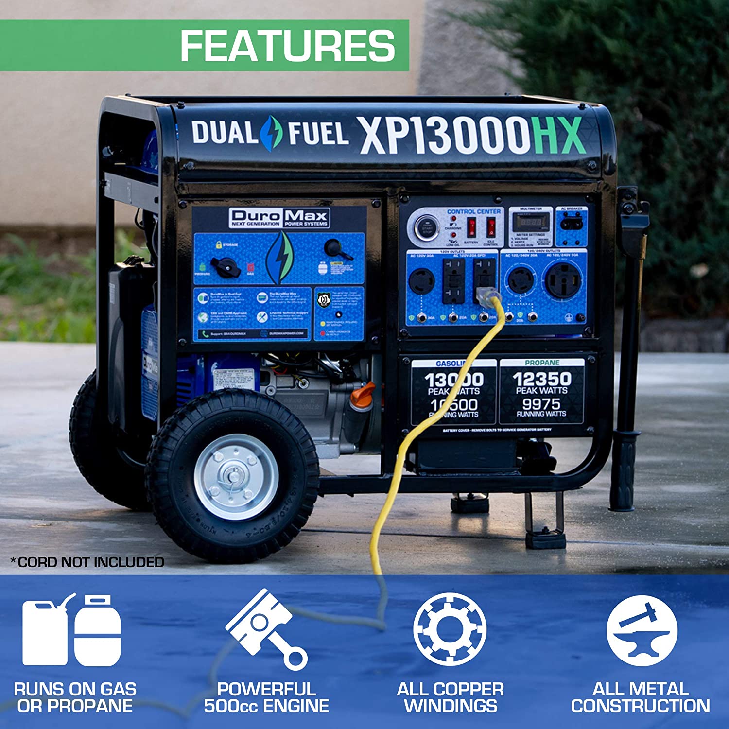 DuroMax XP13000HX Dual Fuel Portable Generator-13000 Watt Gas or Propane Powered Electric Start w/CO Alert, 50 State Approved, Blue