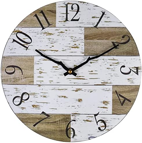 WONZOM 12 Inch Farmhouse Wooden Wall Clock Round Battery Operated Silent Country Rustic Style Decorative for Living Room Kitchen Home Bathroom Bedroom