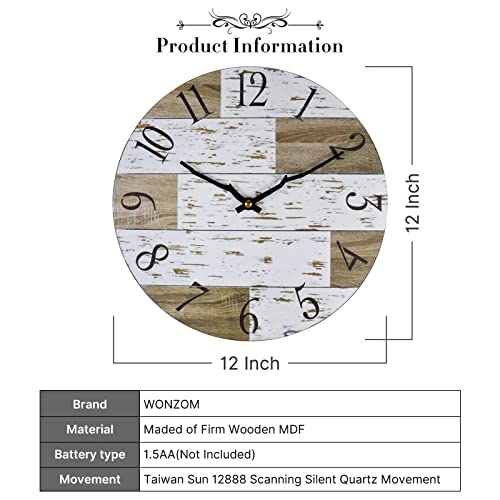 WONZOM 12 Inch Farmhouse Wooden Wall Clock Round Battery Operated Silent Country Rustic Style Decorative for Living Room Kitchen Home Bathroom Bedroom