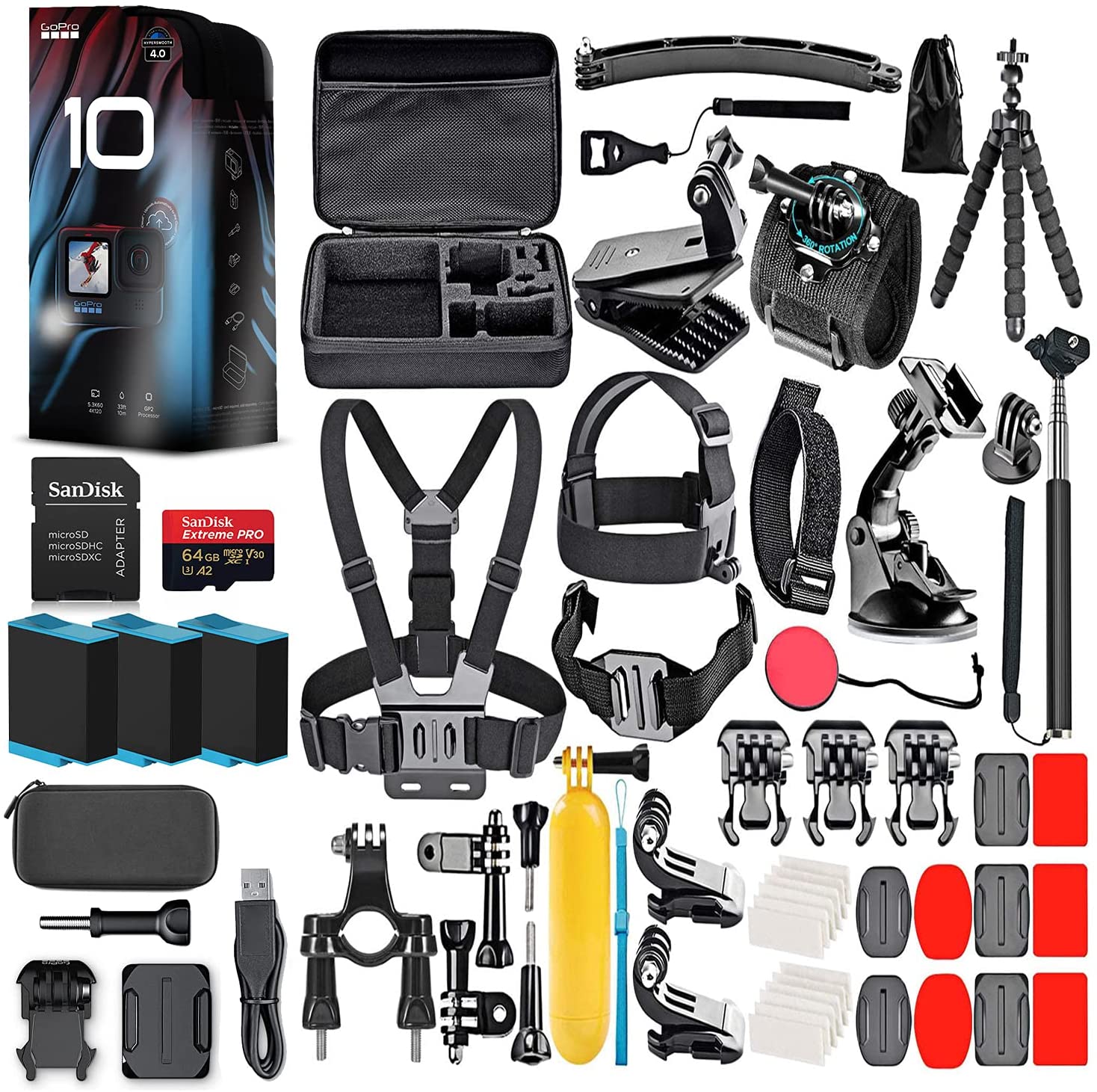 GoPro HERO10 (Hero 10) Black - Waterproof Action Camera with Front LCD and Touch Rear Screens, GP2 Engine, 5K HD, 23MP Photos, Live Streaming, 64GB Card, 50 Piece Accessory Kit and 2 Extra Batteries