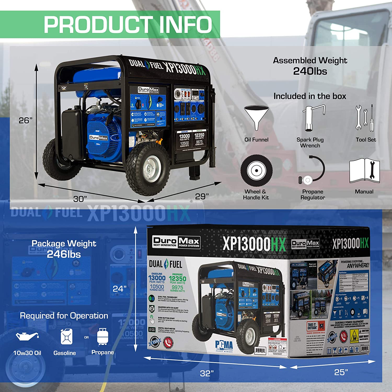 DuroMax XP13000HX Dual Fuel Portable Generator-13000 Watt Gas or Propane Powered Electric Start w/CO Alert, 50 State Approved, Blue