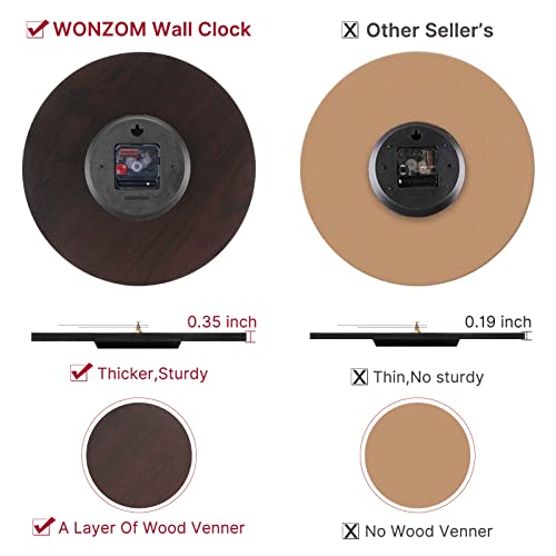 WONZOM 12 Inch Farmhouse Wooden Wall Clock Round Battery Operated Silent Country Rustic Style Decorative for Living Room Kitchen Home Bathroom Bedroom