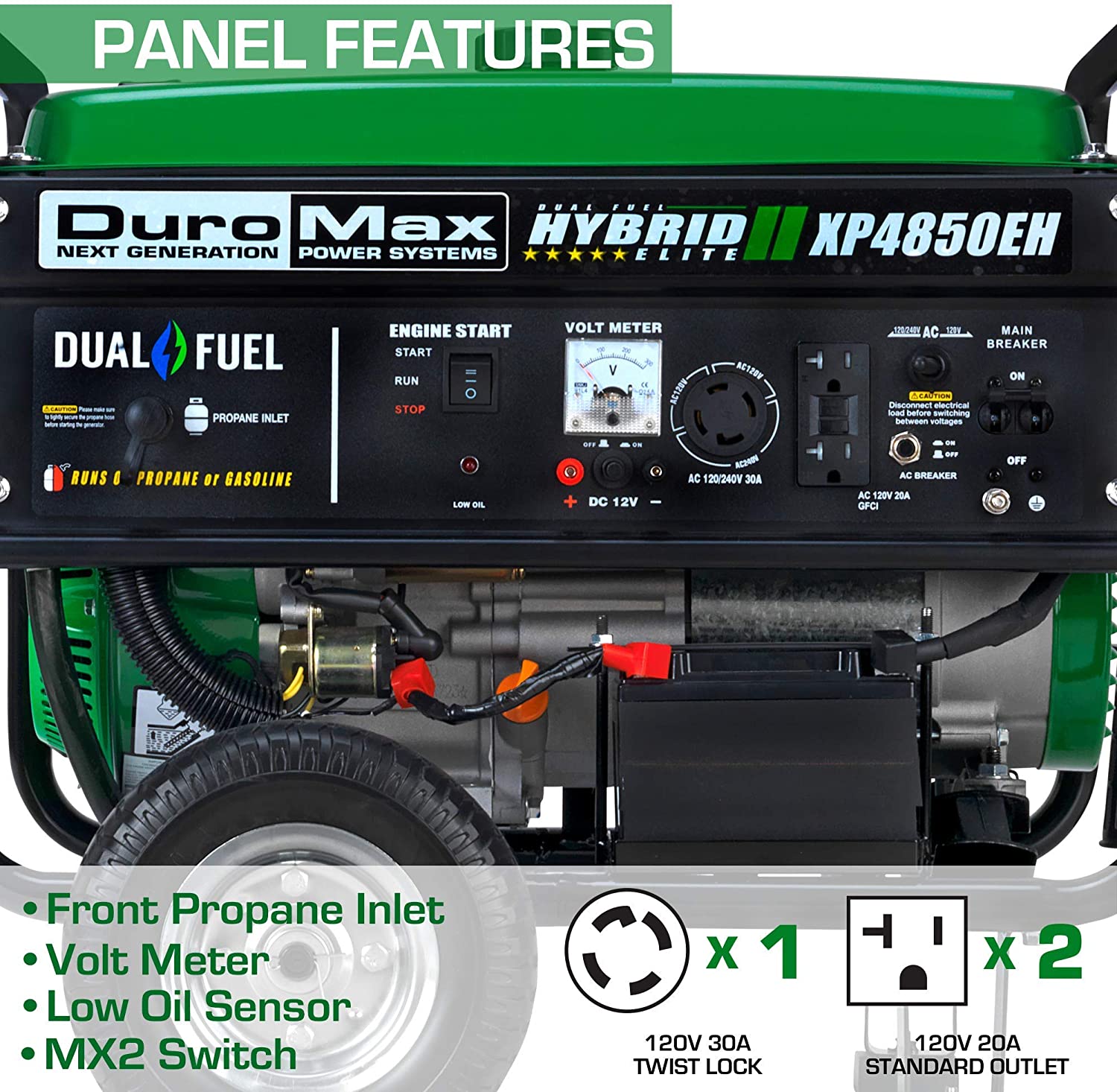 DuroMax XP4850EH Generator-4850 Watt Gas or Propane Powered-Electric Start-Camping & RV Ready, 50 State Approved Dual Fuel Portable Generator, Green