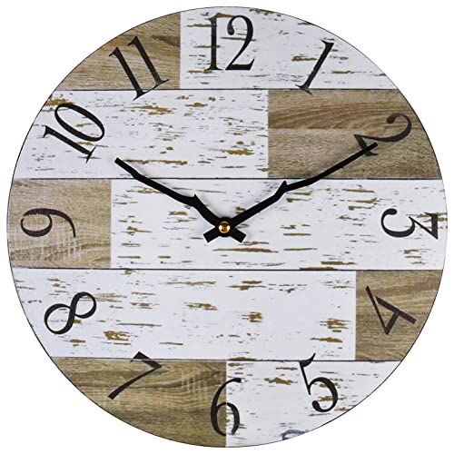 WONZOM 12 Inch Farmhouse Wooden Wall Clock Round Battery Operated Silent Country Rustic Style Decorative for Living Room Kitchen Home Bathroom Bedroom
