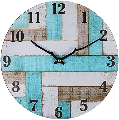 WONZOM 12 Inch Farmhouse Wooden Wall Clock Round Battery Operated Silent Country Rustic Style Decorative for Living Room Kitchen Home Bathroom Bedroom
