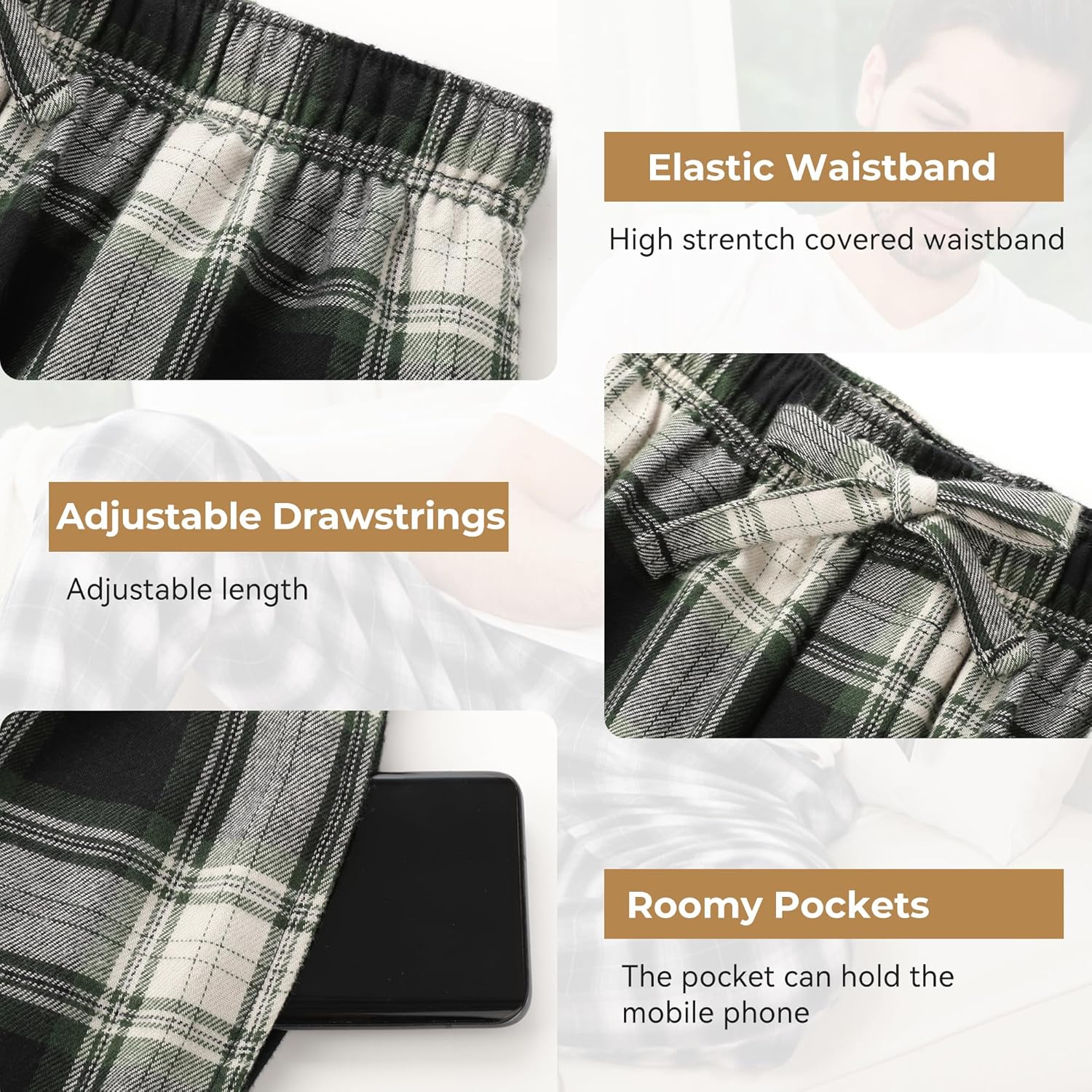 BAMBOO COOL Men's Pajama Bottoms Plaid Pajamas Pants for Men Soft Long Lounge Woven Pj Sleep Pant with Pockets